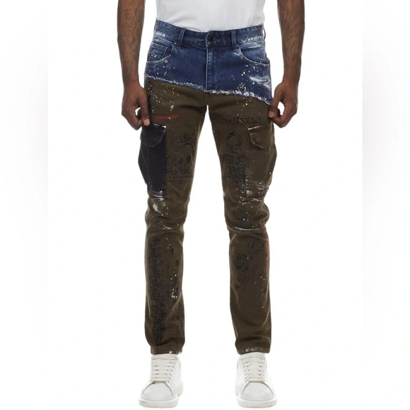 Smoke Rise Mens Twill Pants Two Toned Utility Jeans with Doodles Size 40/32 - Picture 1 of 16